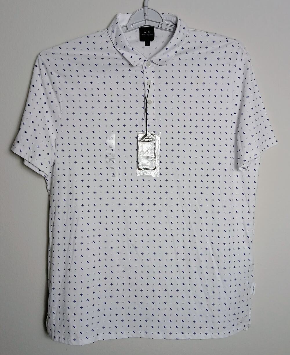 NWT Armani Exchange Mens Polo Shirt XL White Geometric Micro Triangle Print AX